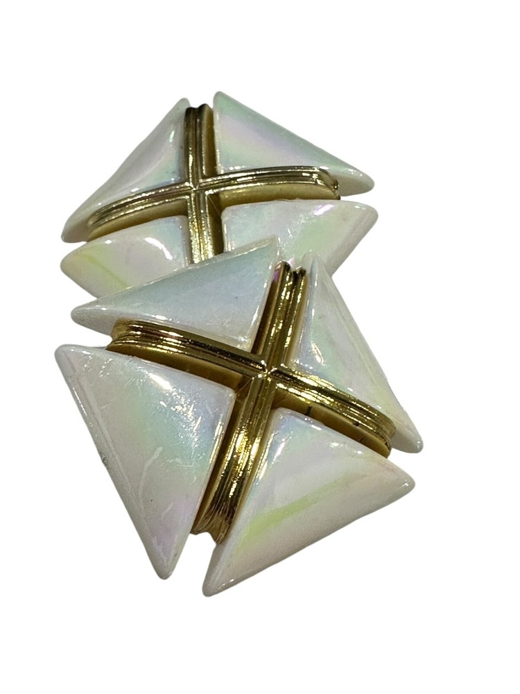 Vtg 1980s 1990s Chunky X Design White Gold Iridescent Statement Clip On Earrings
