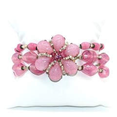 Vintage Signed Miriam Haskell Pink Art Glass 3 Strand Floral Bracelet