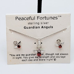 Red Rhinestone Guardian Angel Necklace Earring Set with Card Vintage 1990s