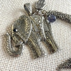 Vintage Boho Silver Tone Elephant Statement Pendant Hamsa Hand Tassel Charm 2”
