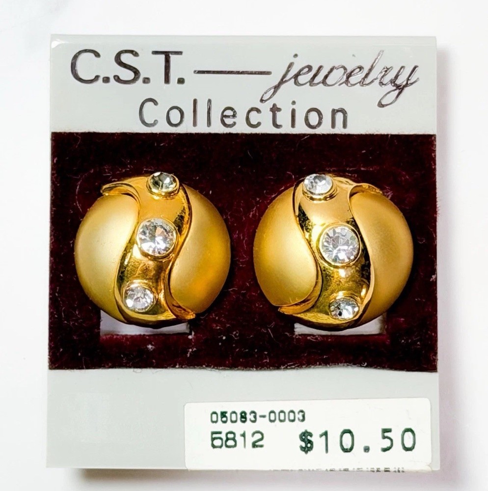 Vintage Gold Tone Rhinestone Clip On Earrings NOS On Original Card 1980s-1990s