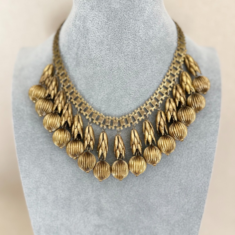 Vintage Early Haskell Brass Egyptian Revival Festoon Style Bib Necklace Unsigned