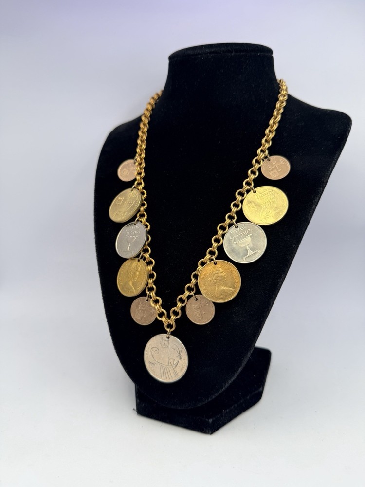 Vintage Coin Necklace Israel Bahamas Mixed Coins Charms 18” Gold Tone Chain HJ