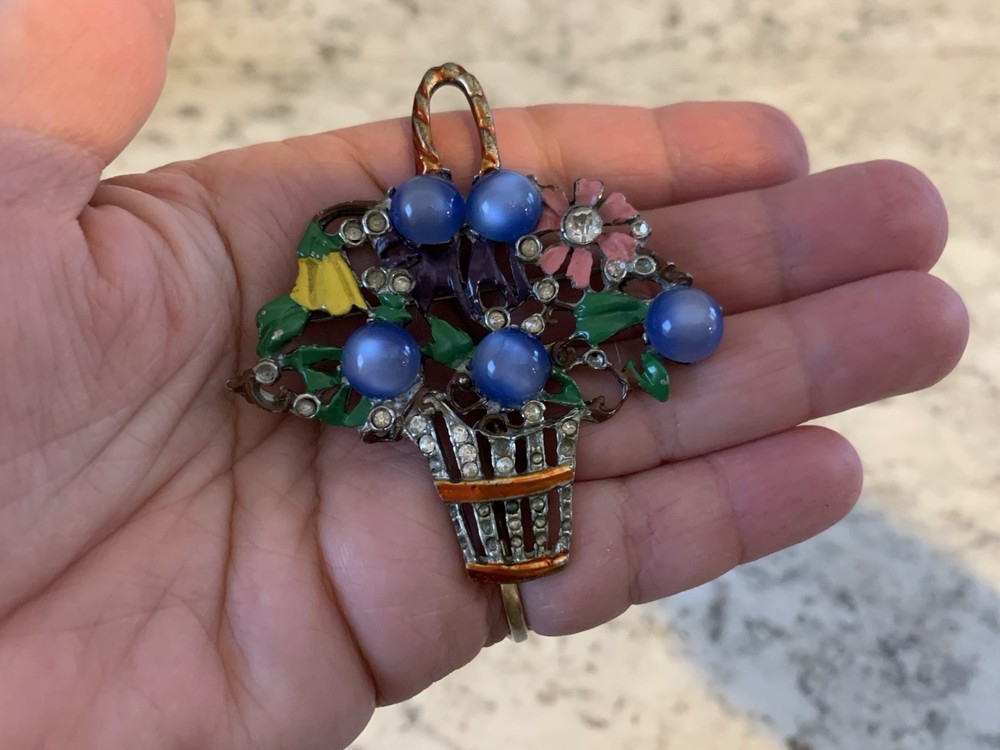 Vintage 1940’s CORO Enamel Rhinestone Blue Moonglow Flower Basket Brooch Pin