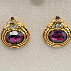 Nolan Miller Amethyst-Crystal Gold-Tone Clip On Earrings 1990s Dynasty Glamour