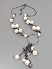 Gray Metallic White Faux Pearl Charm Chain Tassel Beaded Necklace 21 in