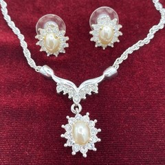 Vintage Signed Roman Silver Tone Faux Pearl Rhinestone Necklace & Earring Set