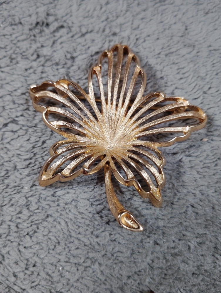Vintage Monet Leaf Brooch Large Gold Open Textured Design 1970s Signed