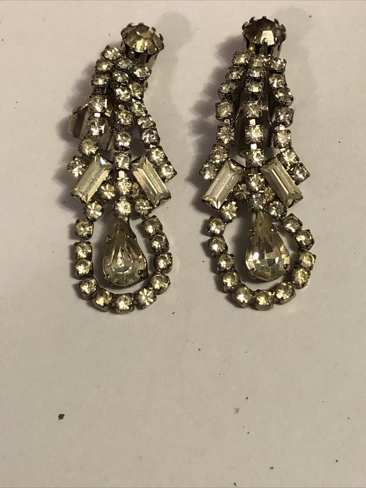 Vintage Clip On Dangle Drop Earrings Clear Rhinestones Silver Tone Art Deco