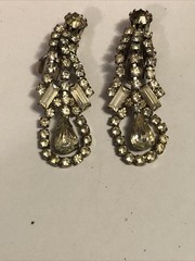Vintage Clip On Dangle Drop Earrings Clear Rhinestones Silver Tone Art Deco