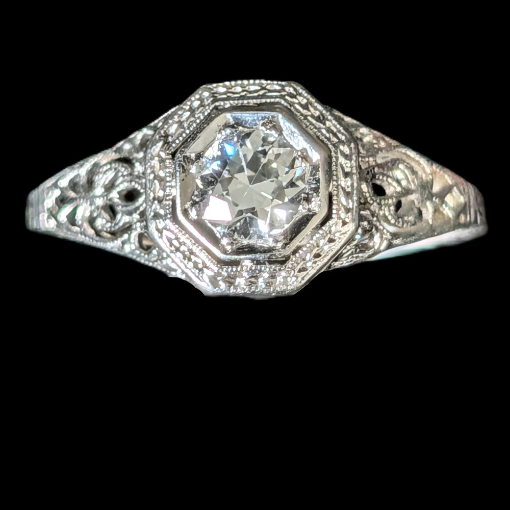 Art Deco Old European Cut Diamond 14k White Gold Platinum Engagement Ring 1920s