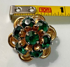 Vintage Designer Barclay Green Rhinestone Flower Brooch Gold Tone Old Money