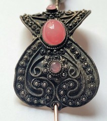 Vintage Chinese Silver Plated Filigree Hair Pin Pink Rose Glass Cabochons