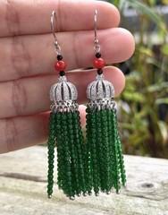 Earrings tassel pendant natural red coral green agate beads 925 Sterling silver