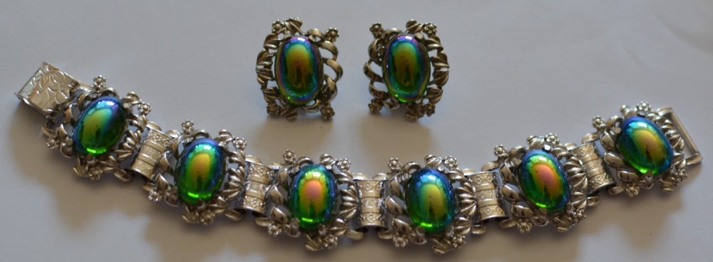 Vintage high end iridescent watermelon cabochon silver tone bracelet/earrings