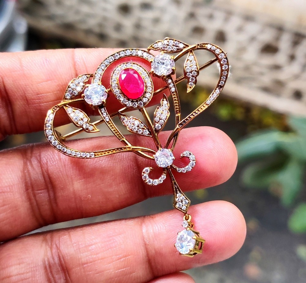 3Ct Oval Lab Created Red Ruby Antique Brooch Pin 14K Yellow Gold Plated Silver