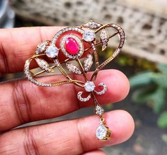 3Ct Oval Lab Created Red Ruby Antique Brooch Pin 14K Yellow Gold Plated Silver