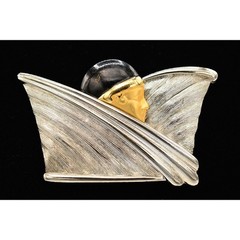 Vintage Face Abstract Pin Brooch Brushed Gold Black Silver Chunky 1980s BinAJ