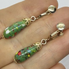 Vtg Japanese Green Millefiori Glass Teardrop Dangle Statement Earrings Screwback