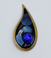 Vintage MCM Artisan Copper Enamel Teardrop Brooch Pin Modernist Abstract Blue 3″