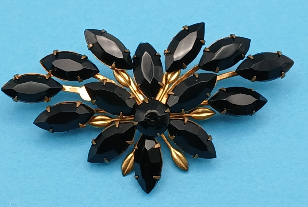 Vintage Jet Black Rhinestone Gold tone Brooch MCM