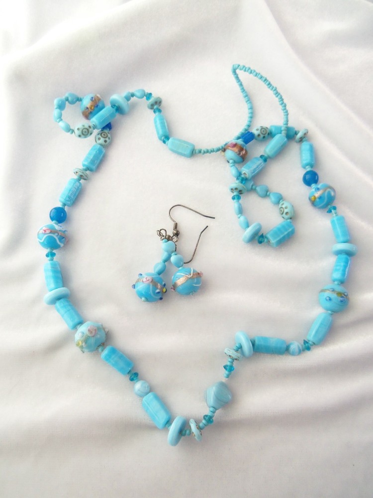 Vintage Sky Blue Wedding Cake & Mixed Shape Art Glass Bead Necklace & Earrings