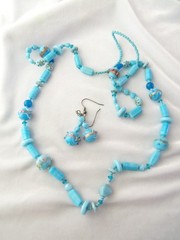 Vintage Sky Blue Wedding Cake & Mixed Shape Art Glass Bead Necklace & Earrings