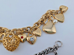CHARM BRACELET LOT 7″ goldtone heart & locket, 6.25″ vintage silvertone key B1