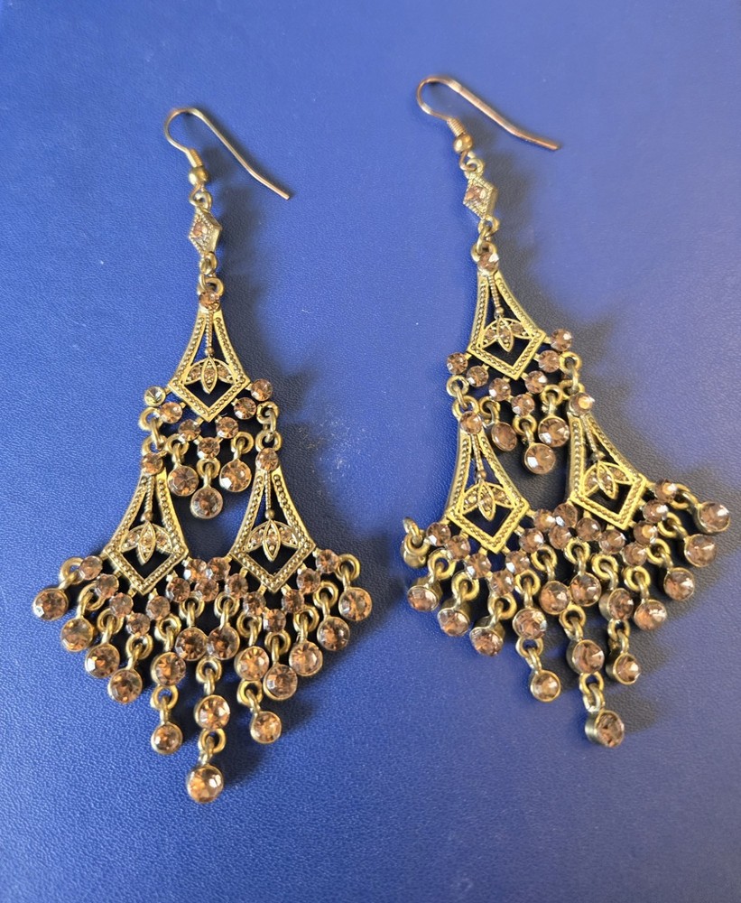 Vintage Style Gold Tone Chandelier Dangle Earrings Brown Rhinestone Boho
