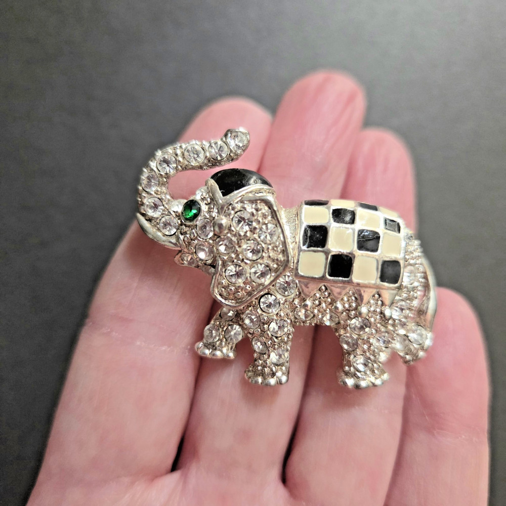 Checkered Enamel Elephant Brooch Pin Rhinestone