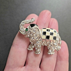 Checkered Enamel Elephant Brooch Pin Rhinestone