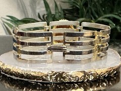 Vintage Large Prong Faux Fire Opal Bracelet Gold Silver Tone Wide Panel Links