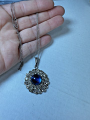 Vintage Necklace Karu Blue Glass Cabochon Pendant Clear Chain