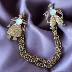 Opaline Glass Chatelaine Brooch Pot Metal Dutch Boy Girl Vintage 1940s