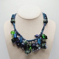 Eclectic Artsy Artisan Braided Cotton Mixed Material Beaded Vintage Necklace