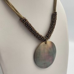 Vintage Lia Sophia Mother of Pearl Pendant Necklace Boho Beaded Cord Retro