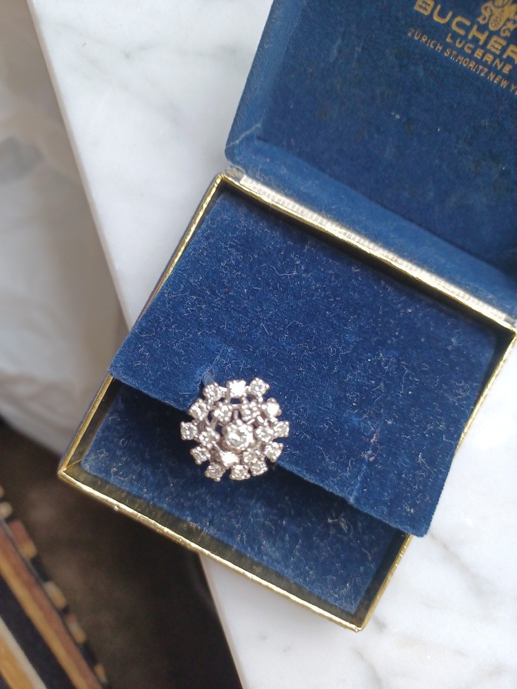 Funky 1950s Midcentury 14K White Gold Diamond Cluster Vintage Dome Cocktail Ring
