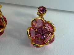 Vintage Pink Floral Rhinestone Clip Dangle Earrings Gold Tone Filigree Glamour