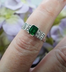 Vintage Asscher Diamond Emerald Platinum Ring Band
