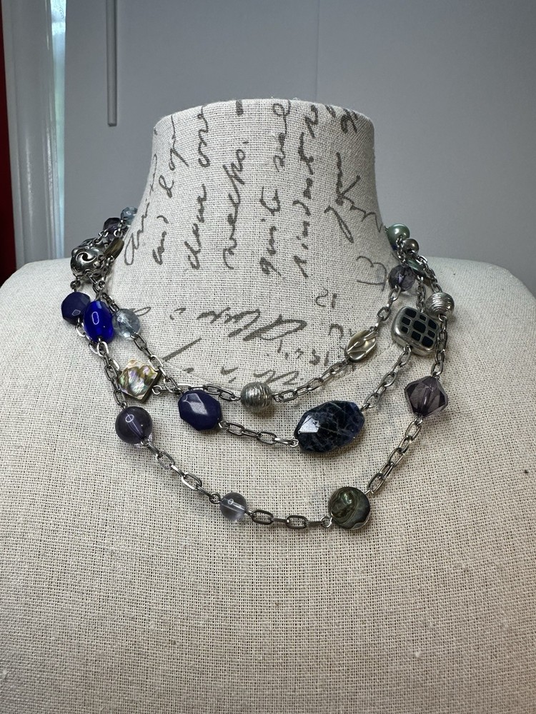 VTG Lia Sophia Blue Glass & Abalone 3 Layers Silver Tone Necklace Signed