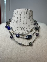 VTG Lia Sophia Blue Glass & Abalone 3 Layers Silver Tone Necklace Signed
