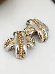 Vintage 1990’s Silver And Gold Tone X Shaped Modern Clip Earrings Chunky