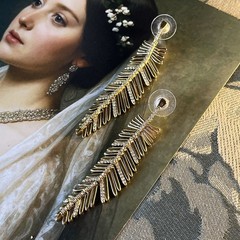 Vtg Gold Tone Feather Dangle Earrings – Rhinestone Accents – Long 2.75” Pierced