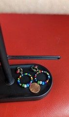 Vintage Dangle Hoop Clip Multicolor Beaded Drop EARRINGS Gold Tone