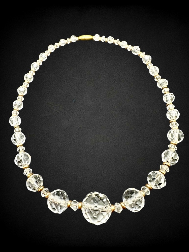 Vintage Cut Rock Crystal Gold Filled Necklace Faceted 6.5mm Beads 17″