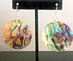 VTG Paua Abalone Shell Round DISK EARRINGS 2.25″ Peacock Blue Green 925 HOOKS