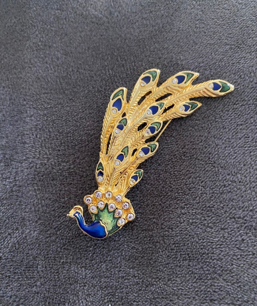 Vintage Peacock Brooch Enamal And Rhinestones Blue Green Gold Tone 2.5 in