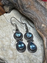 56. Vintage SJ Sterling 925 Double Blue Topaz Dangle Hook Earrings 8.6g, 45mm