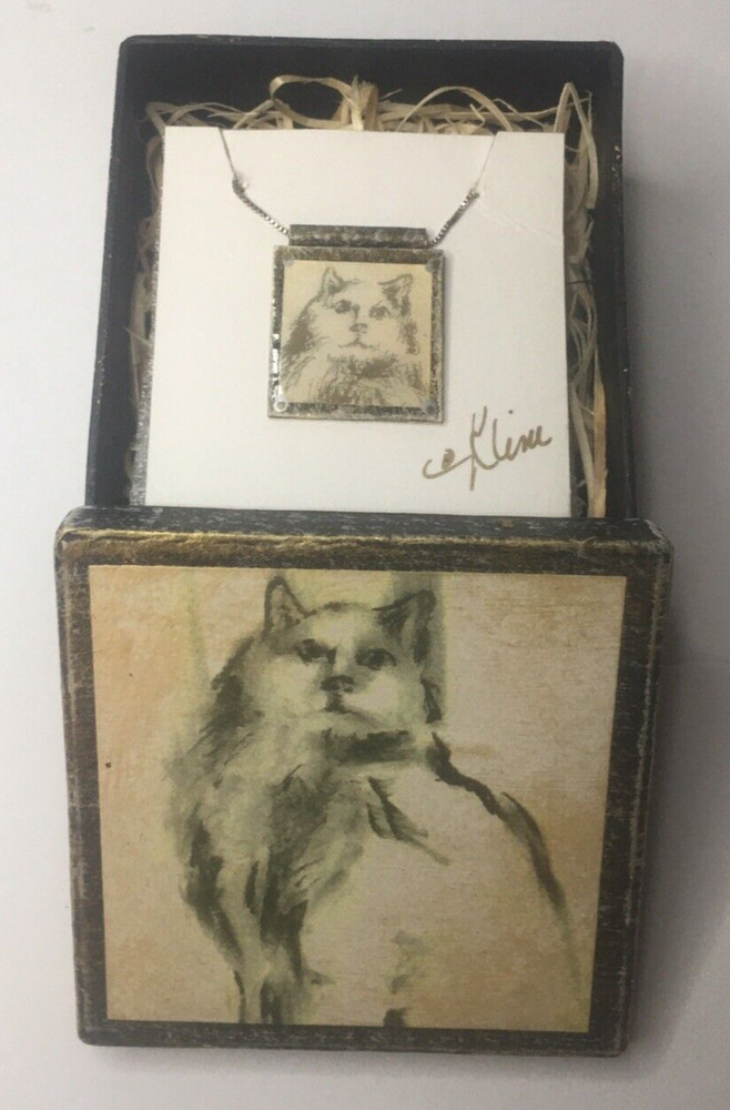 17.5 in Italy Sterling Silver Necklace Cat Print by Diane Kline in Org Gift Box