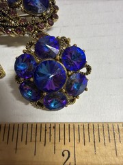 Vintage Weiss Peacock Blue Margarita Rivoli Flower Brooch & Earrings See Pics